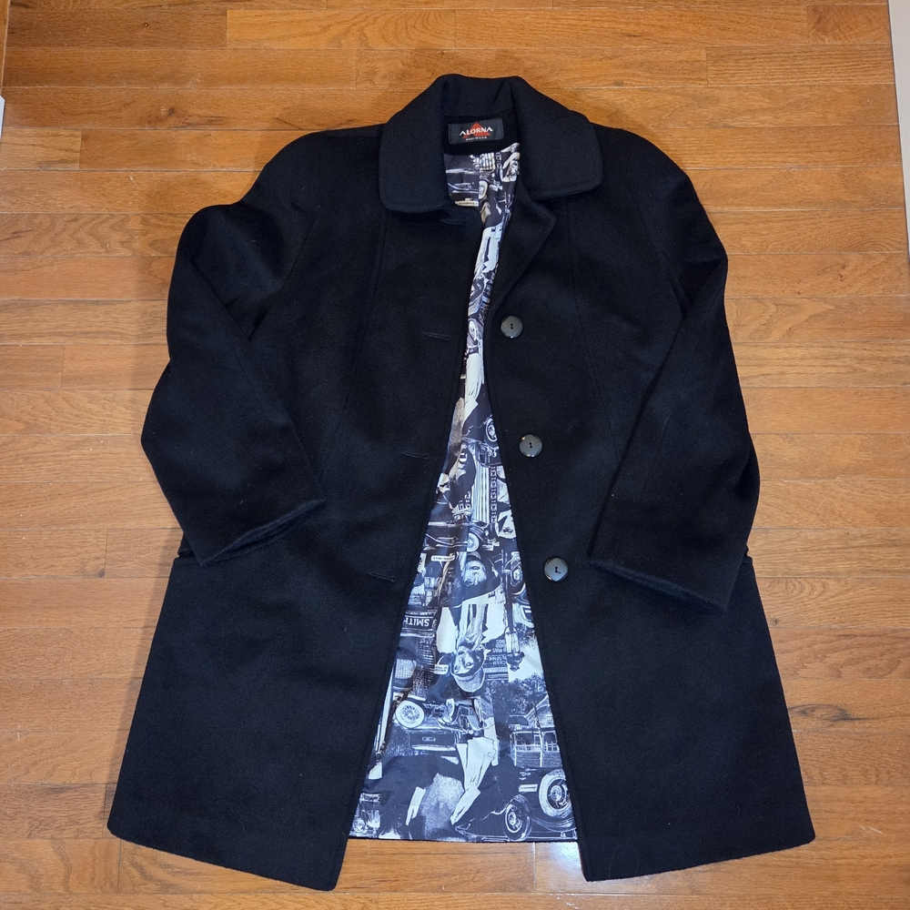 Vintage Alorna WOOL Blend Black Peacoat with Graphic Lining